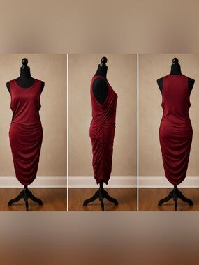 Sleeveless Maternity Ruched Midi Dress in Wine Red XL